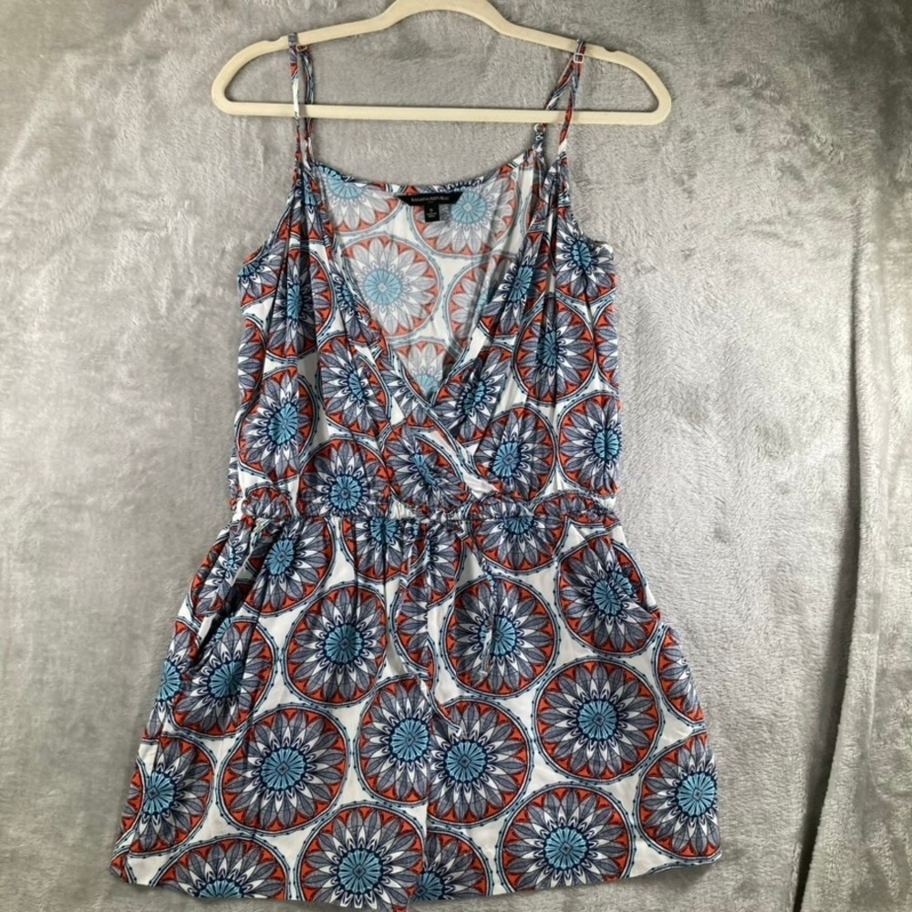 Banana Republic Womens S Blue Orange Medallion Print Romper Surplice Pockets